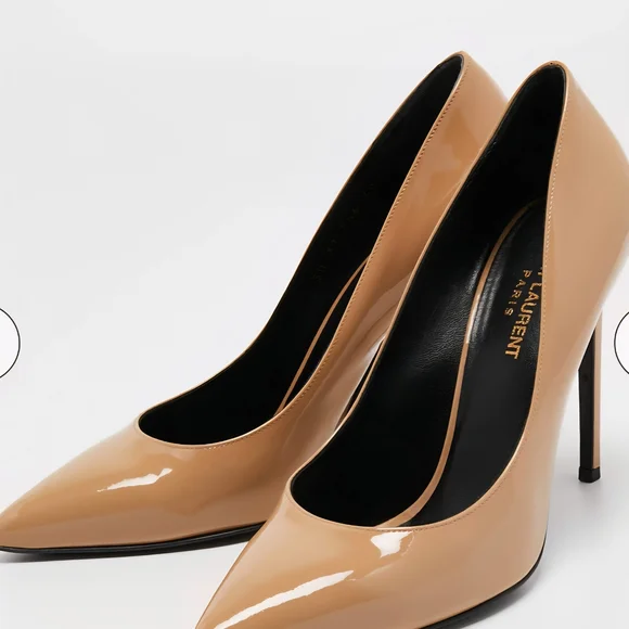 Saint Laurent Beige Patent Leather Pointed-Toe Pumps - Picture 4 of 6